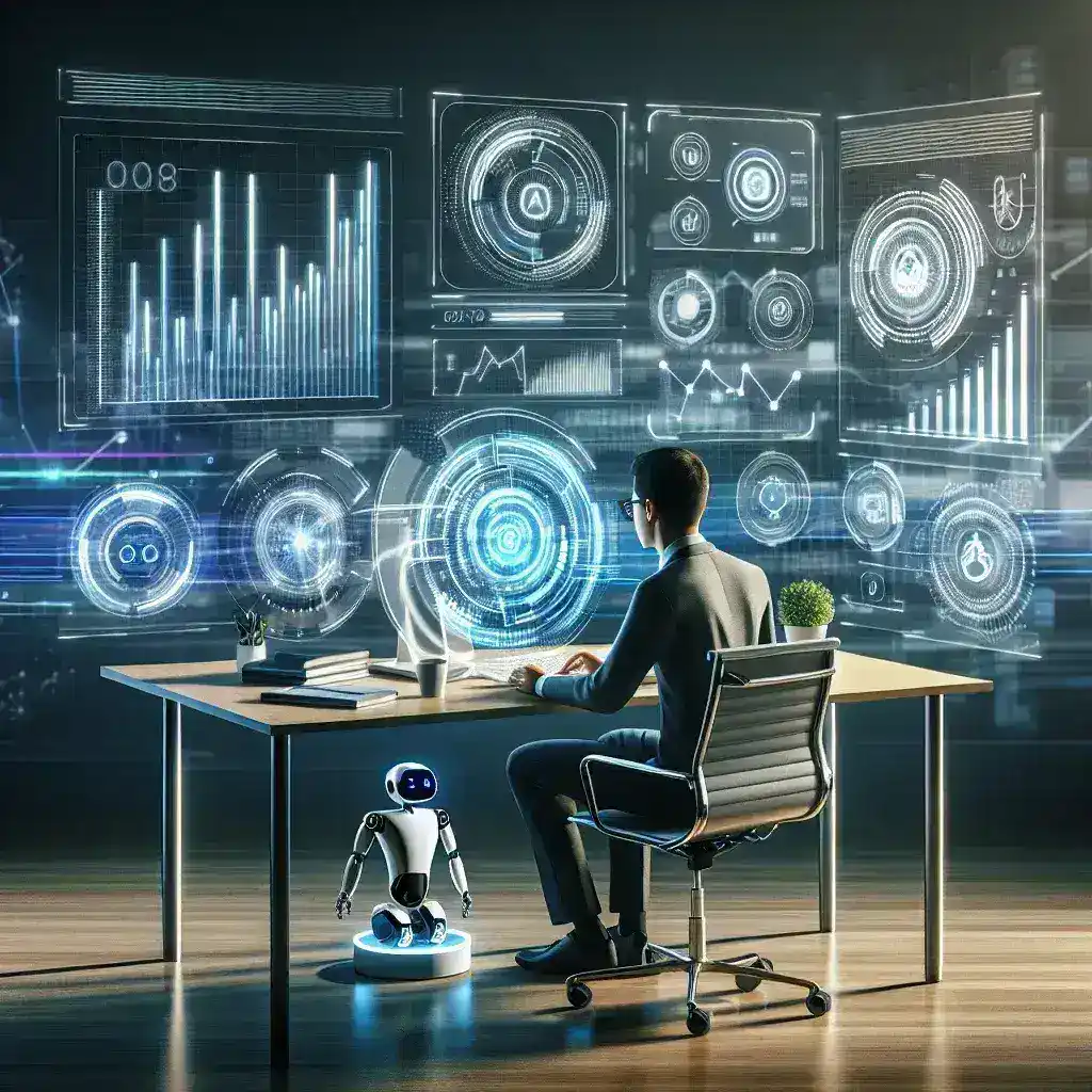"Ilustración que muestra cómo la inteligencia artificial está mejorando la productividad personal en 2024 con gráficos de crecimiento y herramientas digitales."
