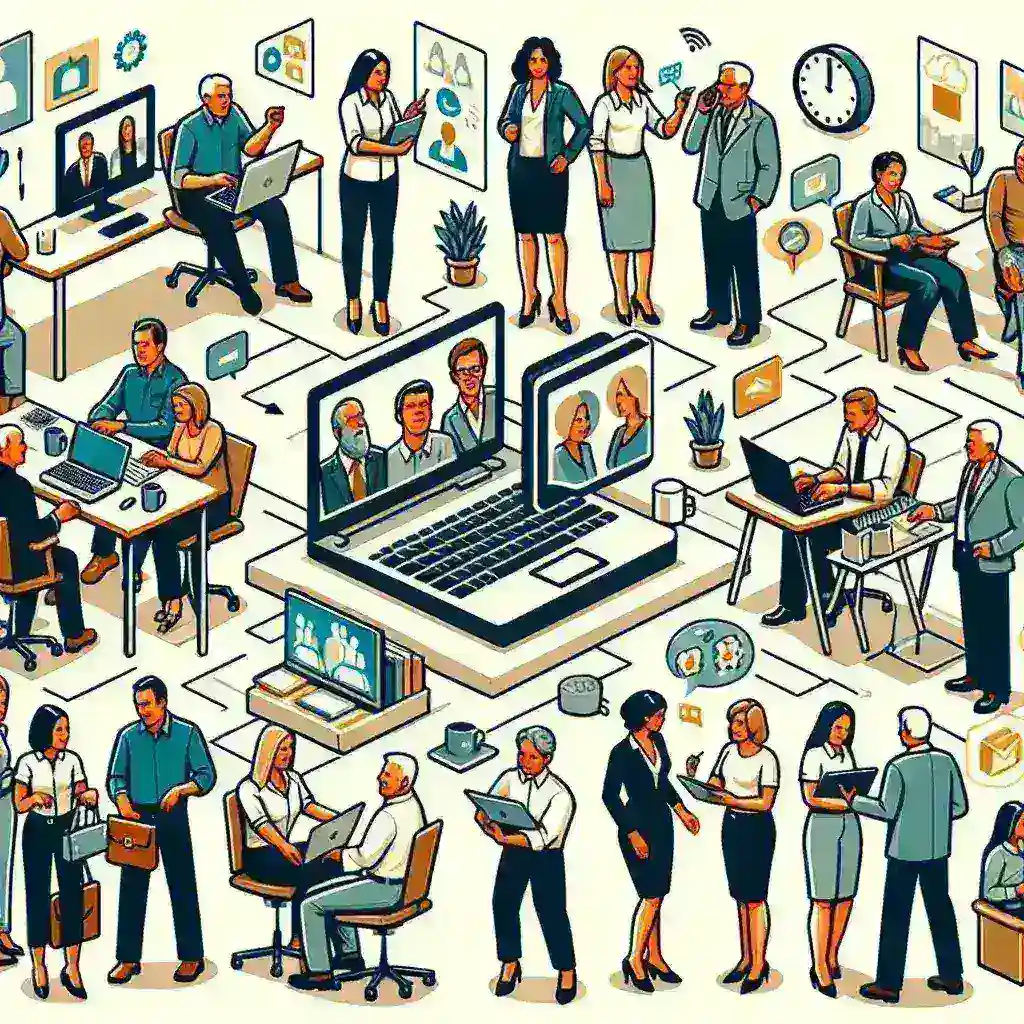 "Equipo de trabajo colaborando en línea con herramientas digitales para mejorar la comunicación y productividad en proyectos remotos y presenciales, ilustrando la guía completa sobre colaboración en línea."