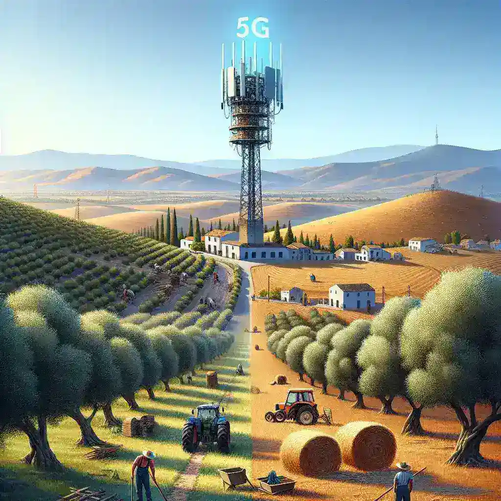 "Imagen de una torre de telecomunicaciones en una zona rural de España, simbolizando el apagado del 3G y la liberación de espectro para la expansión del 5G avanzado en áreas rurales."